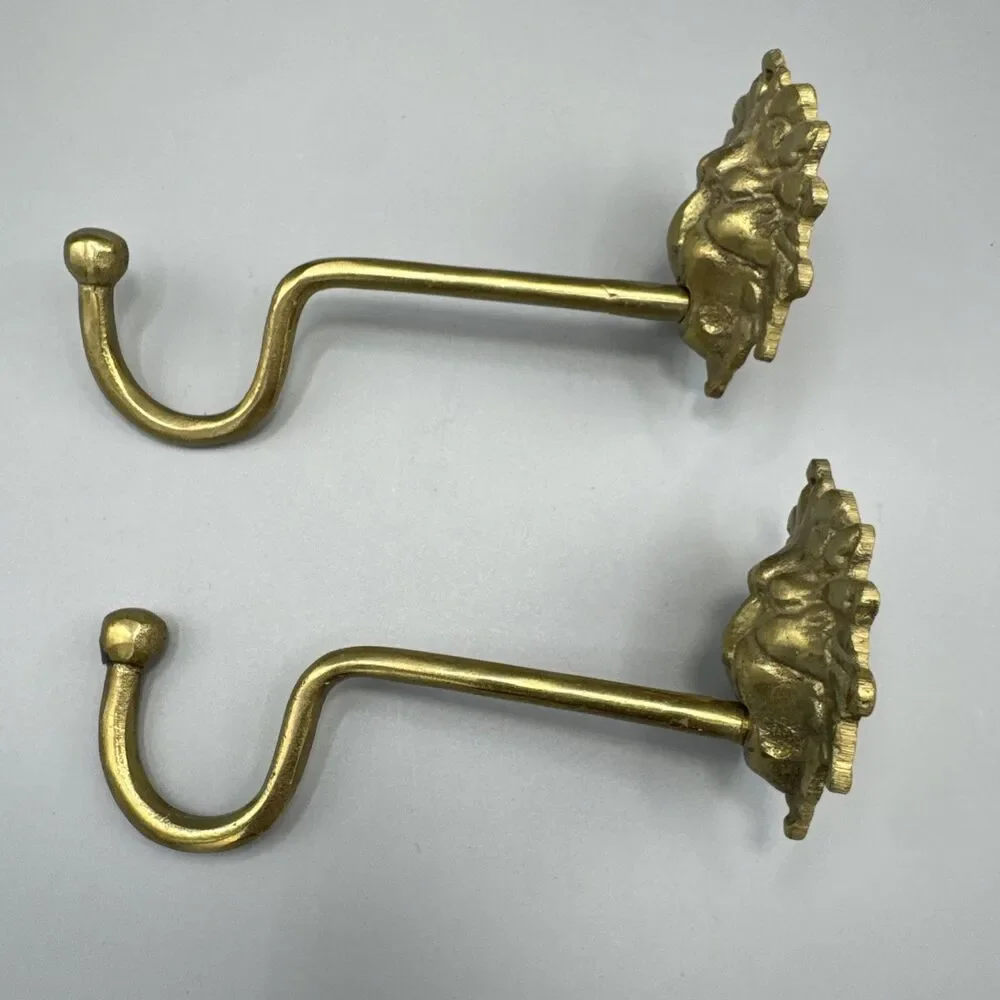 Vintage Brass Lion Head Curtain Holdbacks Tiebacks Wall Hooks Pair Mid Century